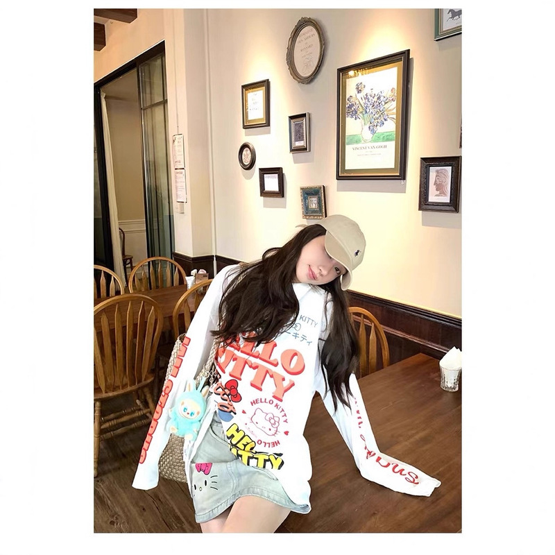 Pure Cotton Spring & Fall Long-Sleeved T-Shirt for Women, Loose and Cute Cartoon Kt Print Trendy Brand Korean Mid-Length Versatile Top Ins