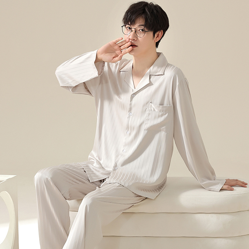 ZHUOJIA 남성용 얼음과 눈 실크 잠옷 봄, 가을 얇은 새 카디건 홈웨어 청소년 긴팔 바지 정장