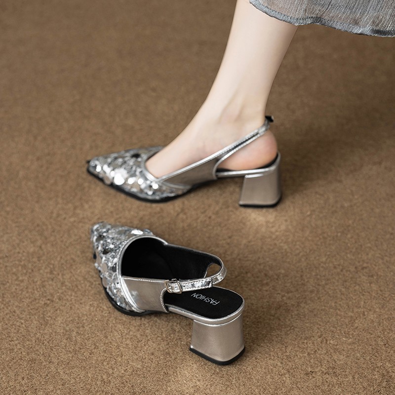 High-End Sequined Pointed-Toe Fashionable High-Heeled Silver Flats for Women 2025 Summer Toe-Cap Sandals with Skirts