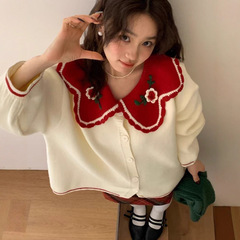 森系甜美立体花朵刺绣毛衣外套女秋冬娃娃领宽松百搭针织开衫1231