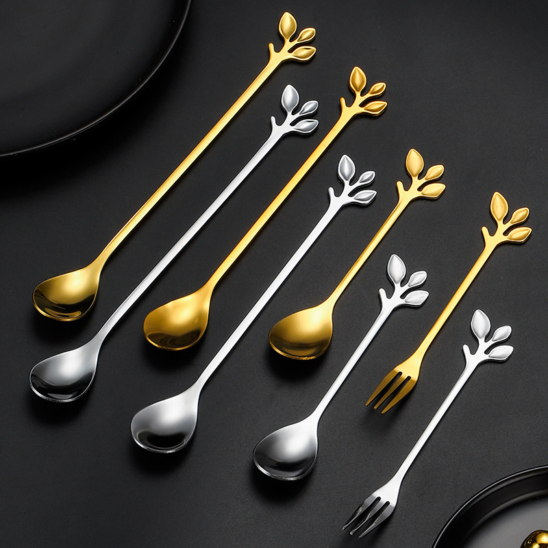不锈钢勺子叉子餐具套装创意树叶勺叉套装甜品勺搅拌勺金色咖啡勺