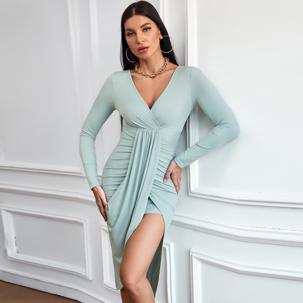 Autumn Winter Casual Elegant Slim Fit Sheath Long Sleeve V neck Knitted Dress