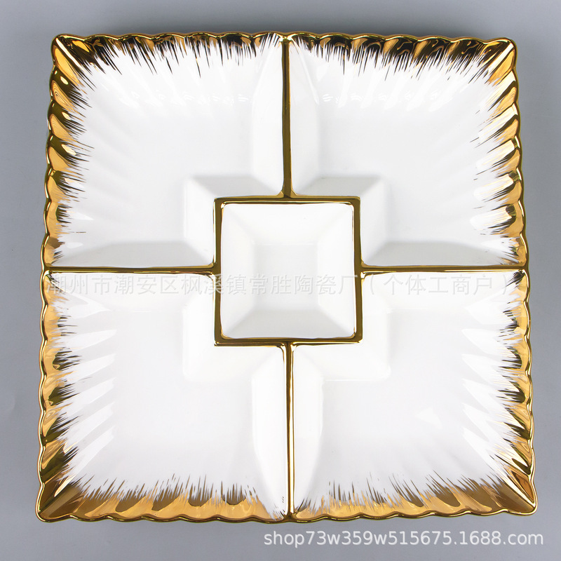 Chrysanthemum Five-fruit Square Plate Electroplated Ceramic Plate Divided Plate Fruit Plate Set Gold Edge Dessert Five-grids Plate Silver White