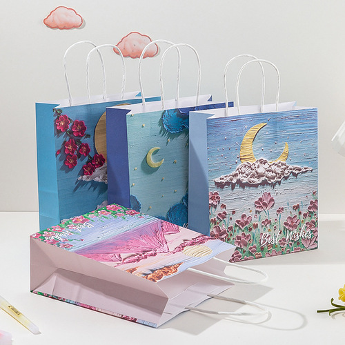 Creative oil painting gift bag, literary handbag, festive and exquisite men's and women's birthday bouquet packaging, gift paper bag