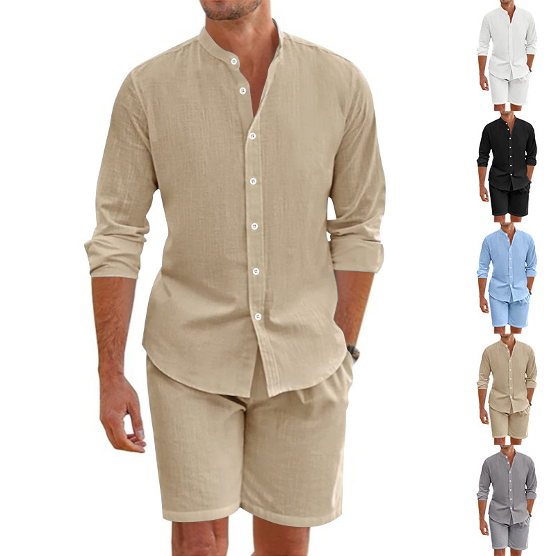 European and American Cross-border Men's Spring and Summer suit Linen Button Shirt Long Sleeve Shorts Cardigan Simple Casual Beach suit
