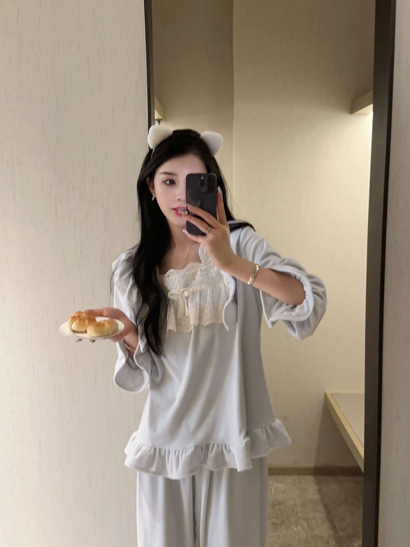 YASE [la mente de la niña] estilo princesa coreana forrado de lana gruesa pijamas de franela de invierno de las mujeres de manga larga homewear