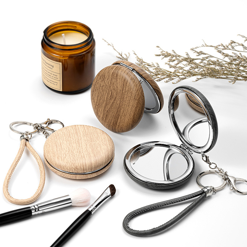 Wood grain faux leather portable lanyard keychain makeup mirror, portable touch-up mirror, bag charm, gift mirror, customizable with logo Wood grain faux leather portable lanyard keychain makeup mirror, portable touch-up mirror, bag charm, gift mirror, customizable with logo