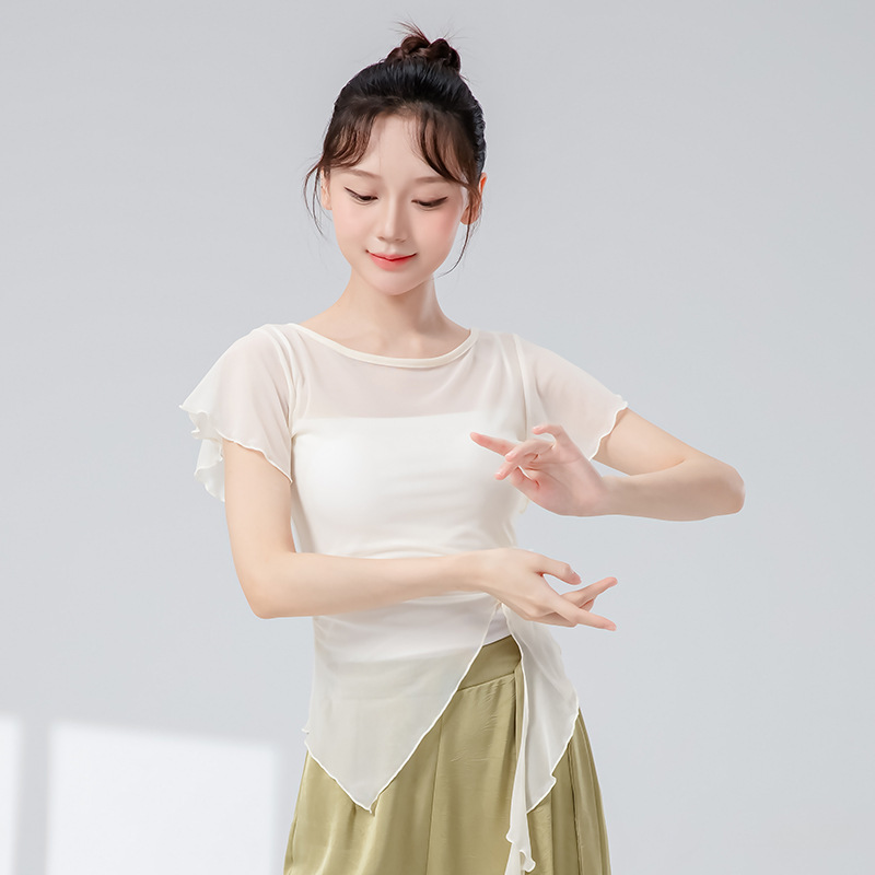 古典舞蹈服女新款钉花飘带修身短袖网纱花朵上衣飘逸演出练功服装|undefined