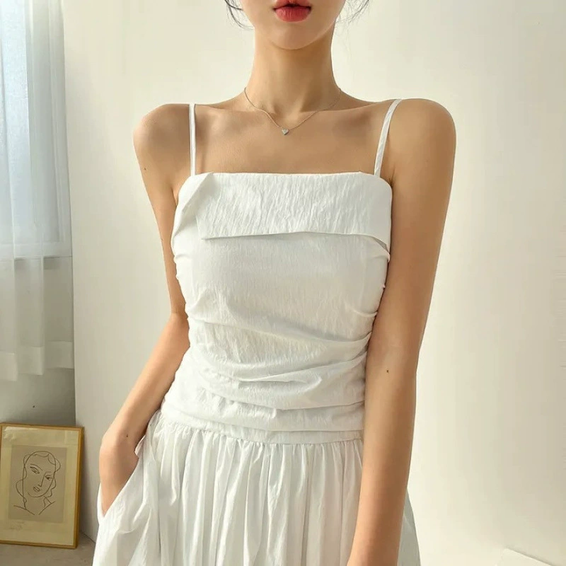 Шикарное корейское летнее платье-юбка в французском стиле с плиссированной талией, нишевым жилетом и бретелями, А-силуэта, женская юбка