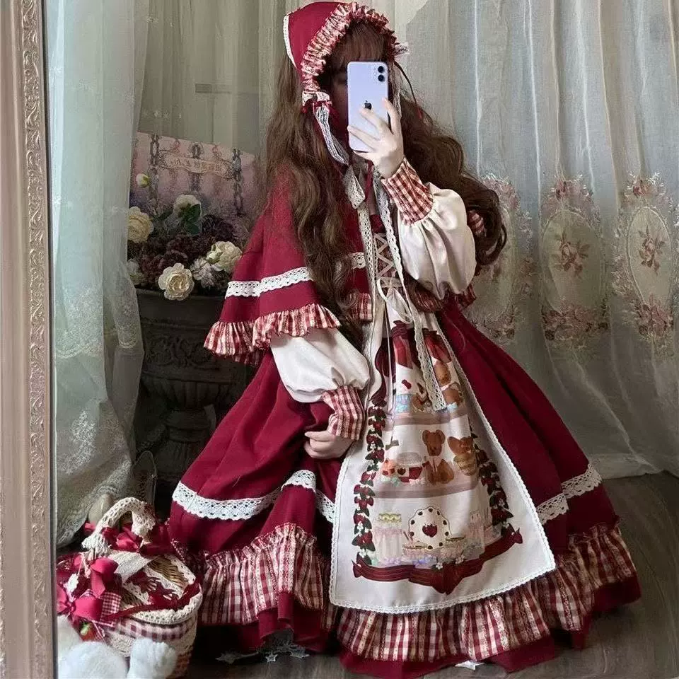 Красная Шапочка, рождественская милая юбка, косплей, стиль Lolita, полный набор, Lolita OP