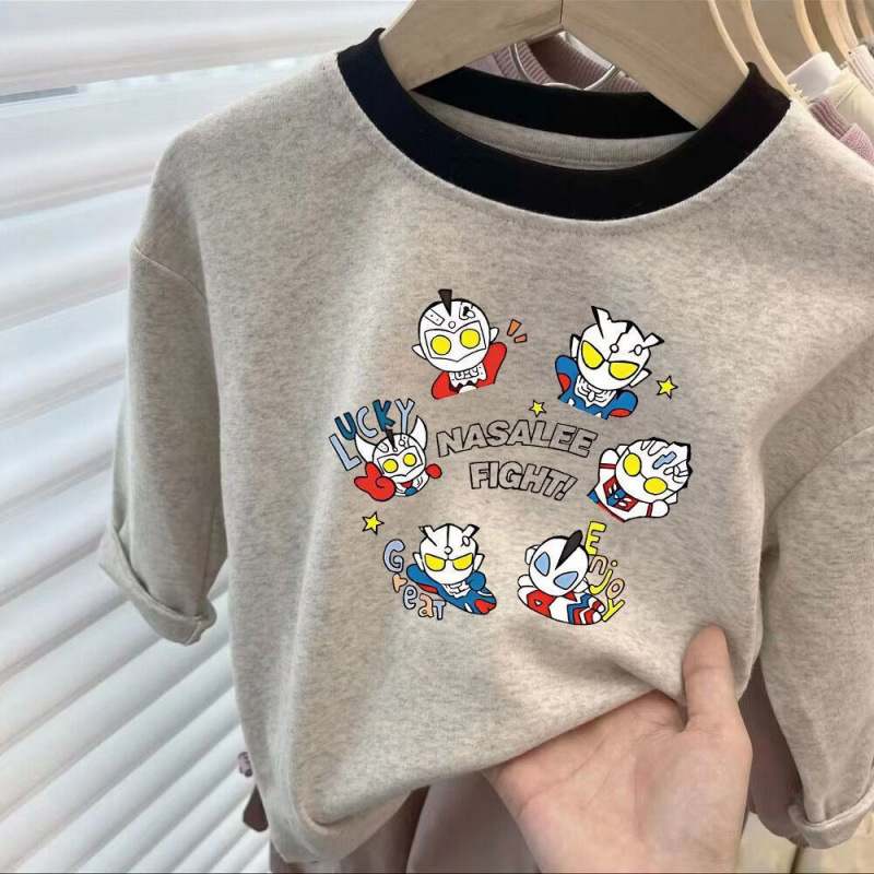 Boys' Spring and Autumn Pure Cotton Long-Sleeved T-Shirt Ultraman Printed Kidsren's T-Shirt Baby Casual Style Fashionable Kidsren's Hot Style