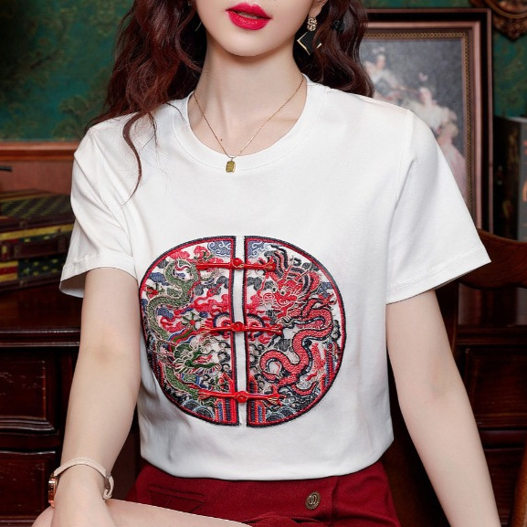 新中式国风白色短袖t恤女夏季小个子刺绣设计感宽松圆领套头上衣
