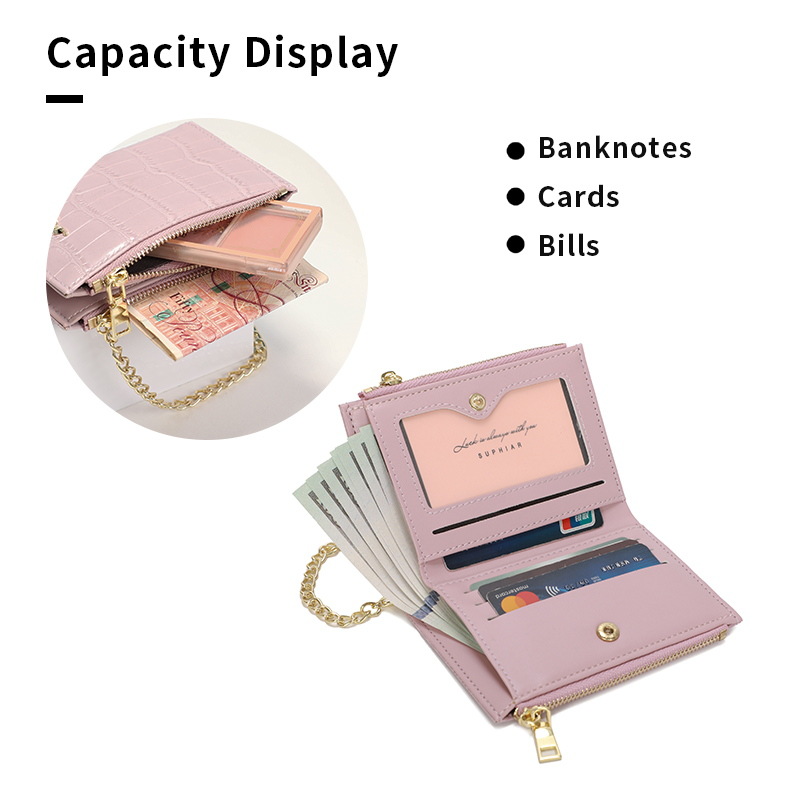 Cartera de mujer con estampado de cocodrilo, bolso multifuncional de tarjeta PU plegable, cadena de mano, bolso de cambio ligero, corto y de alta calidad.