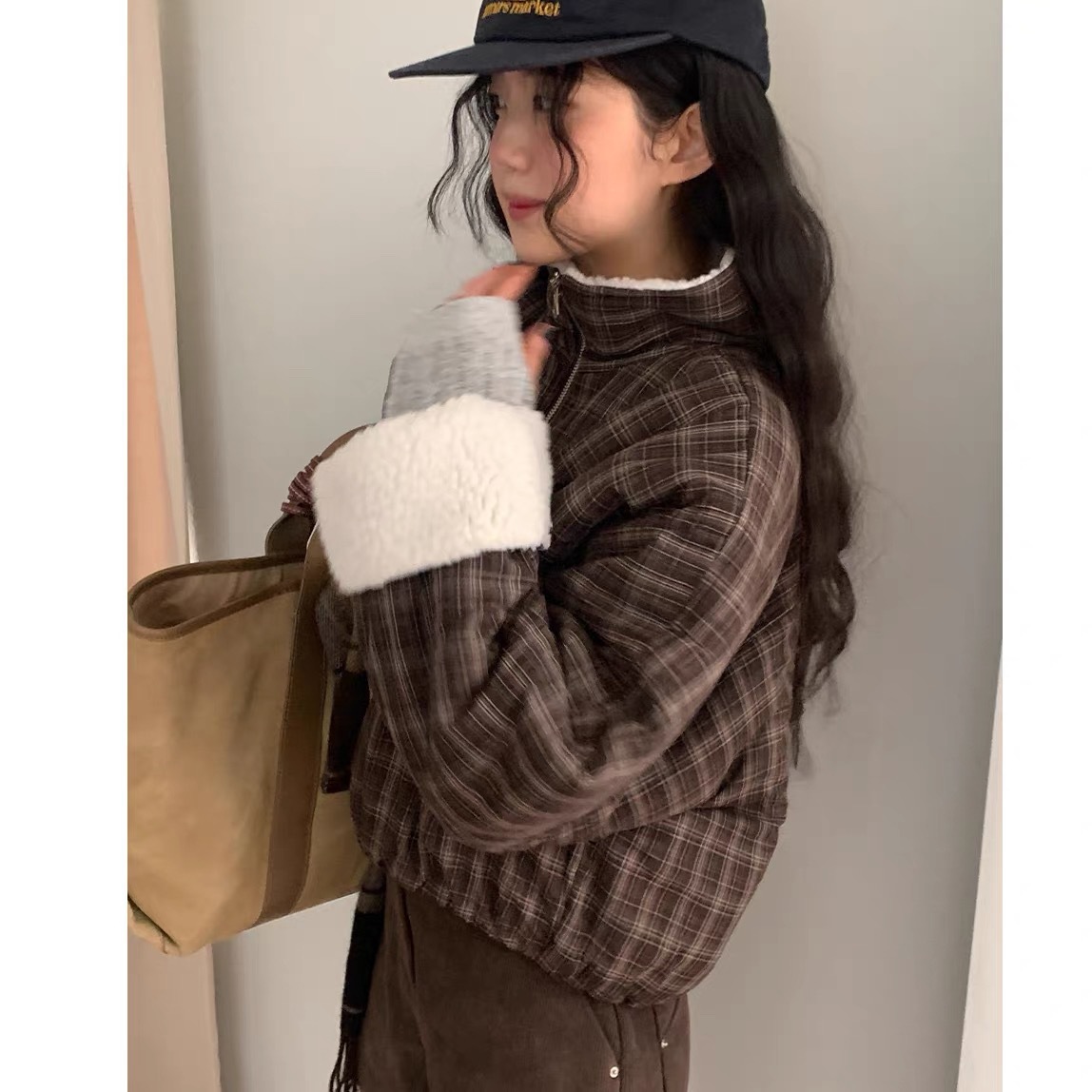 韩国复古2025立领格子条纹加厚保暖羊羔毛棉服短外套