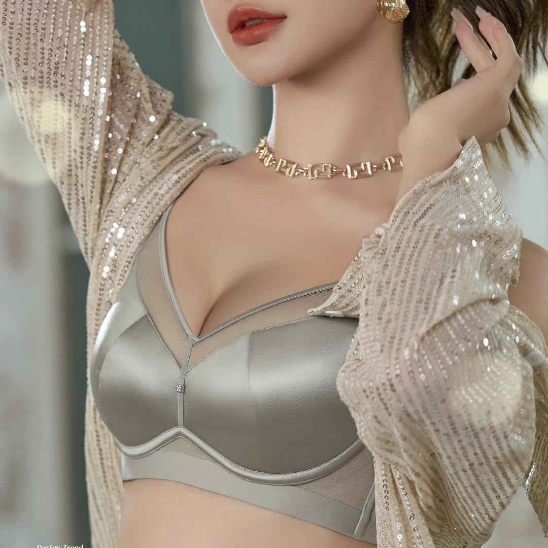 6626 Ropa interior para mujer Taza gruesa de color medio, hilo de red satinado brillante, taza de seda de morera, sujetador ajustable sin anillo de acero