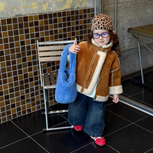 韩版冬季新品女童麂皮绒皮毛一体立领机车外套加绒牛仔裤单拍外贸