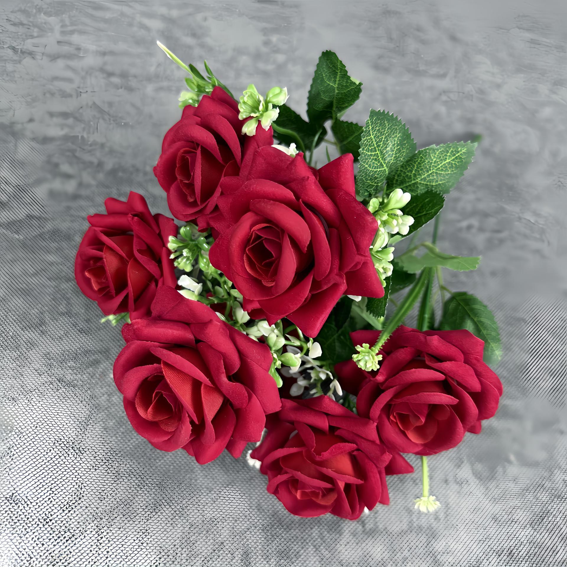 Simulación de 7 cabezas de tela de terciopelo rosa decoración casera decoración de bodas de alto nivel sentido transfronterizo adornos falsos flor al por mayor image 13