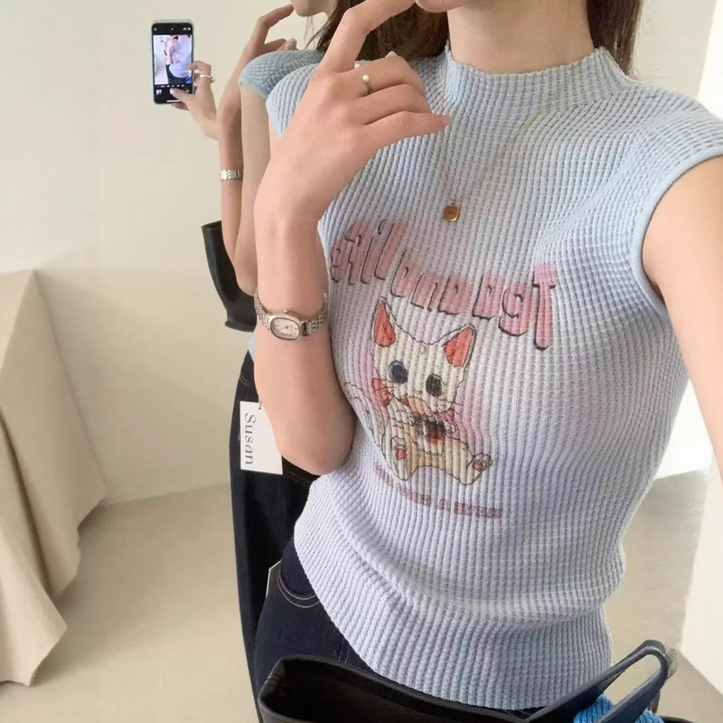 Jianxi Printed Cat Pattern Short-Sleeve Women's Stand-Collar Wool Knit Top, New Summer Slim-Fit Vest with Textured Inner Layer