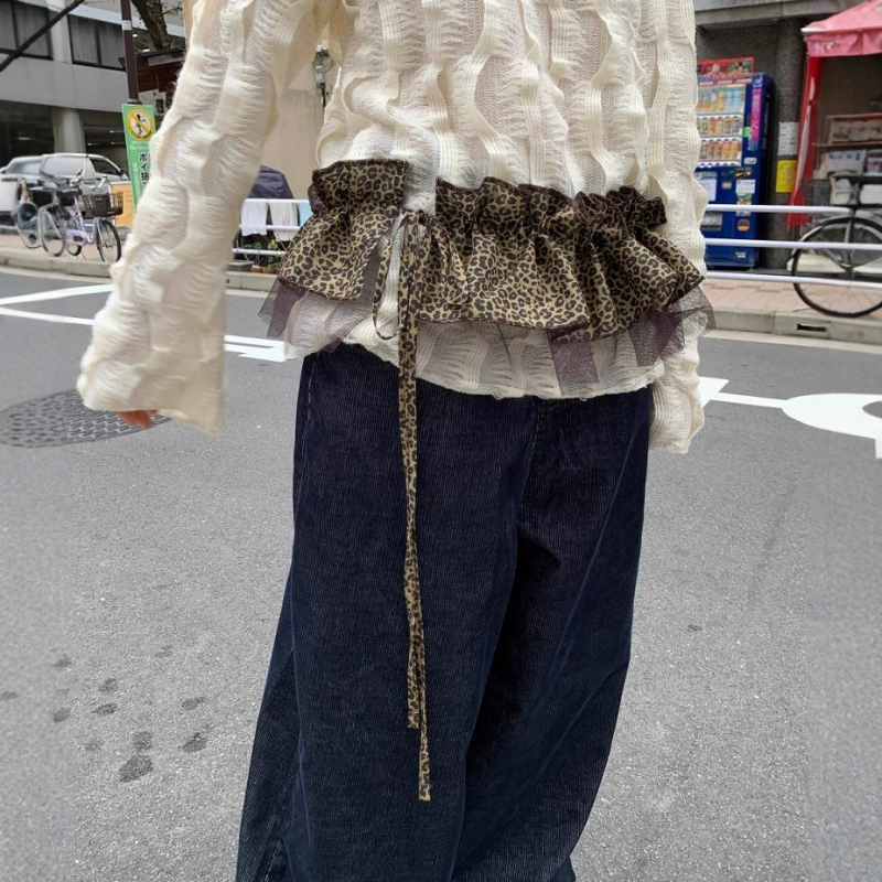 25 ранних весенних новых корейских юбок с леопардовым принтом, сетчатым кружевом, двойным слоем, регулируемым поясом и декоративной юбкой-шторой