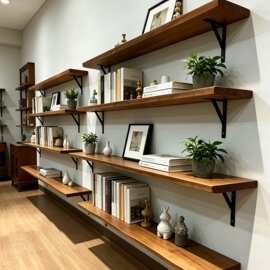 一字隔板置物架实木原木荣誉墙上墙搁层板书架复古服装店鞋包展示
