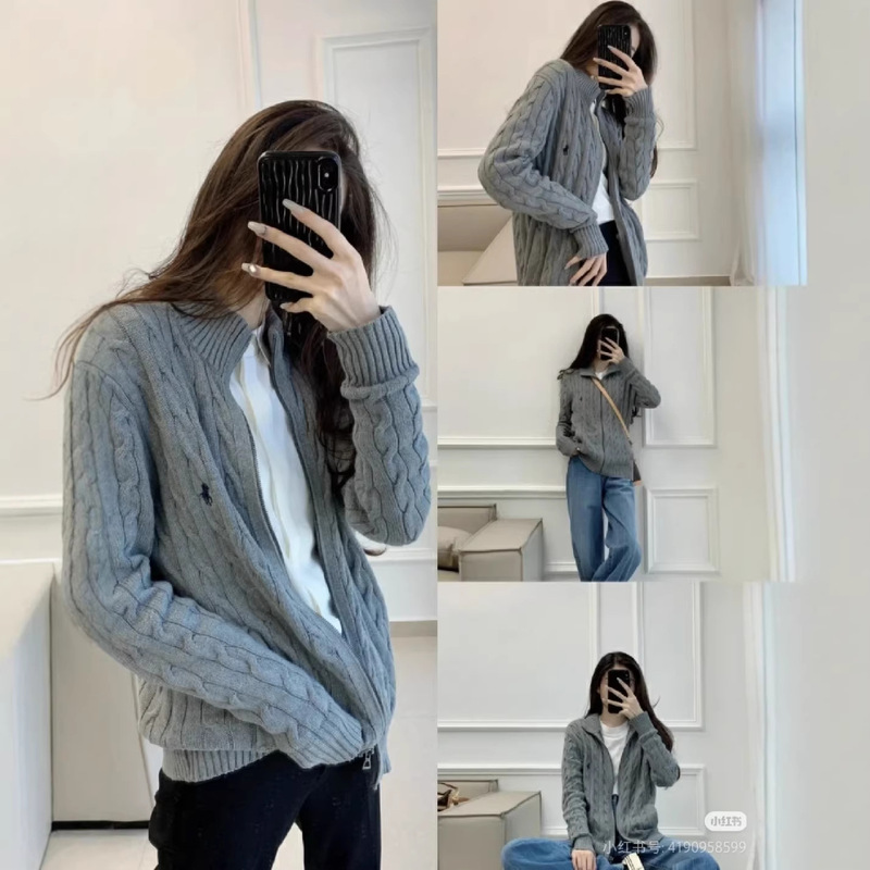 Cross-Border New Style Rl Classic Small Label Embroidered Logo Full Zipper Knitted Cable Cardigan Sweater for Men and Women