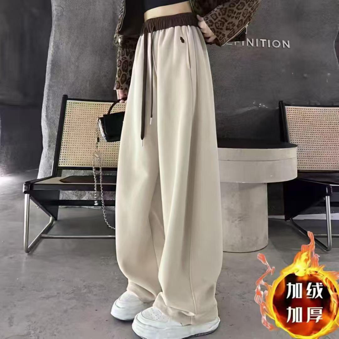 Autumn and Winter New Embroidered Pony Color-Block High-Waisted Jogger Two-Way Wide-Leg Pants for Women, Winter Fleece-Lined Thickened Casual Sweatpants
