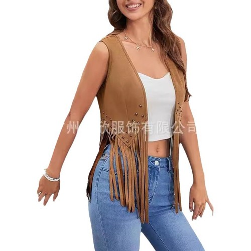 Embroidered Pouch Heart Women's Faux Deer Skin Front Opening Retro Tank Top 70s Bohemian Western Jacket