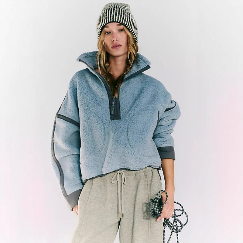 2026 Amazon Autumn/Winter Casual Sports Women's Contrast Color Long Sleeve Stand Collar Fleece Half-Zip Pullover Sweatshirt