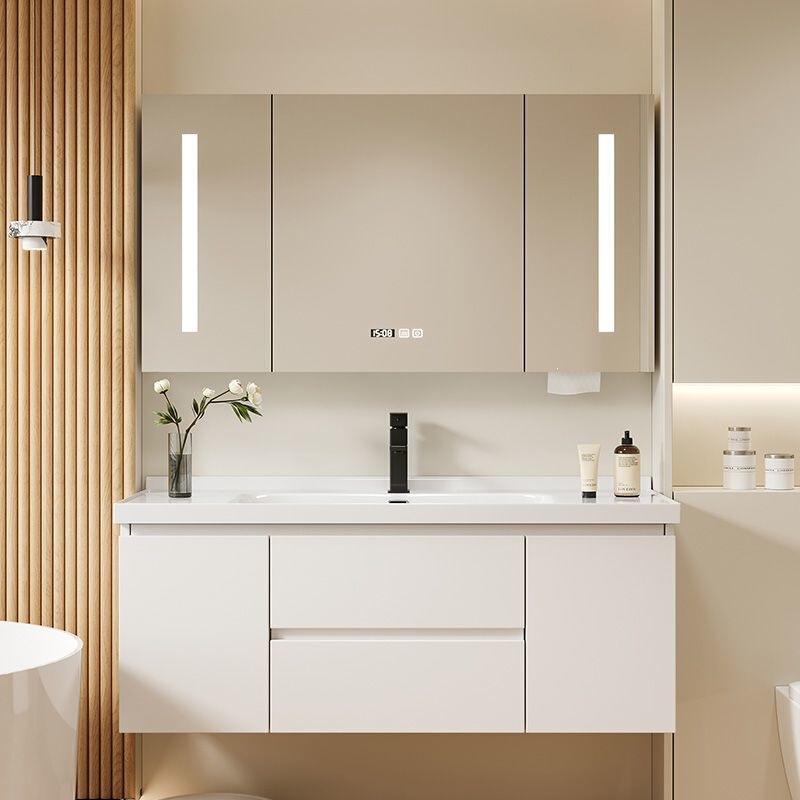 Solid Wood and Ceramic Integrated Smart Bathroom Cabinet, Simple Combination Bathroom Sink, Washbasin, Cream Color Solid Wood and Ceramic Integrated Smart Bathroom Cabinet, Simple Combination Bathroom Sink, Washbasin, Cream Color