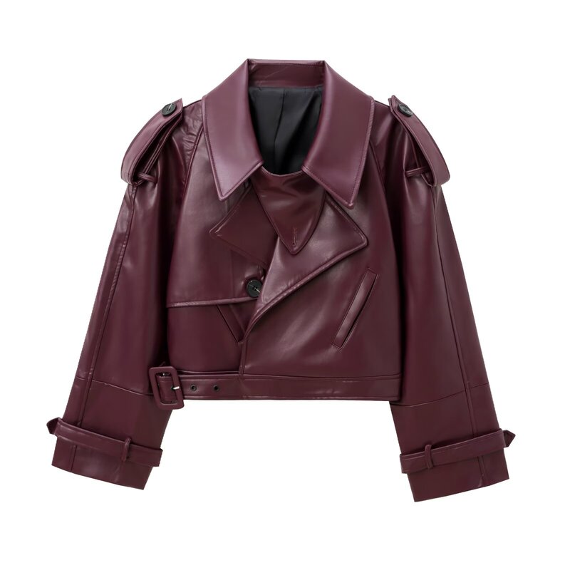 Jacket with Wide Shoulders, Short Biker Leather Coat, Zr Foreign Trade Wholesale, European and American Style Women's Fashion, New 3D Effect Craftsmanship