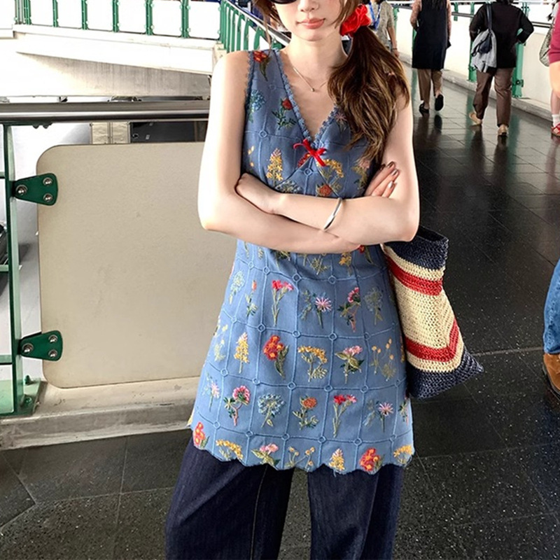 Custom-Made Fabrics! Capri Blue ~ V-Neck Wavy Edge Floral Embroidered Dress Women's Summer Sleeveless Tank Dress