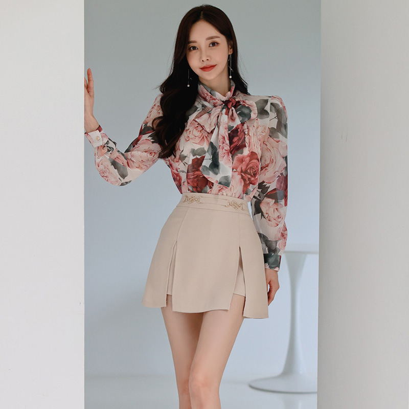 新款两件套2023秋季韩版印花系带衬衫上衣时尚开叉短裙套装女