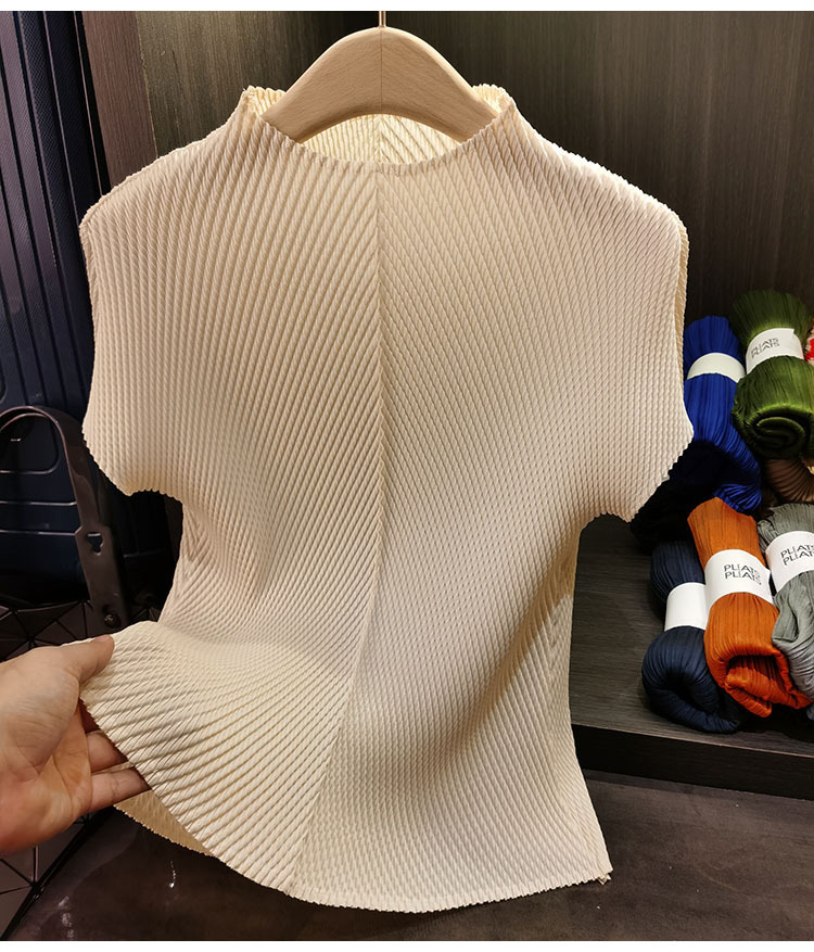 Áo cổ đứng xếp li vảy rồng tay ngắn nữ cao cấp đa năng — Màu đen, Màu đỏ hoa hồng, Màu hồng, Màu xanh lá chi tiết 7