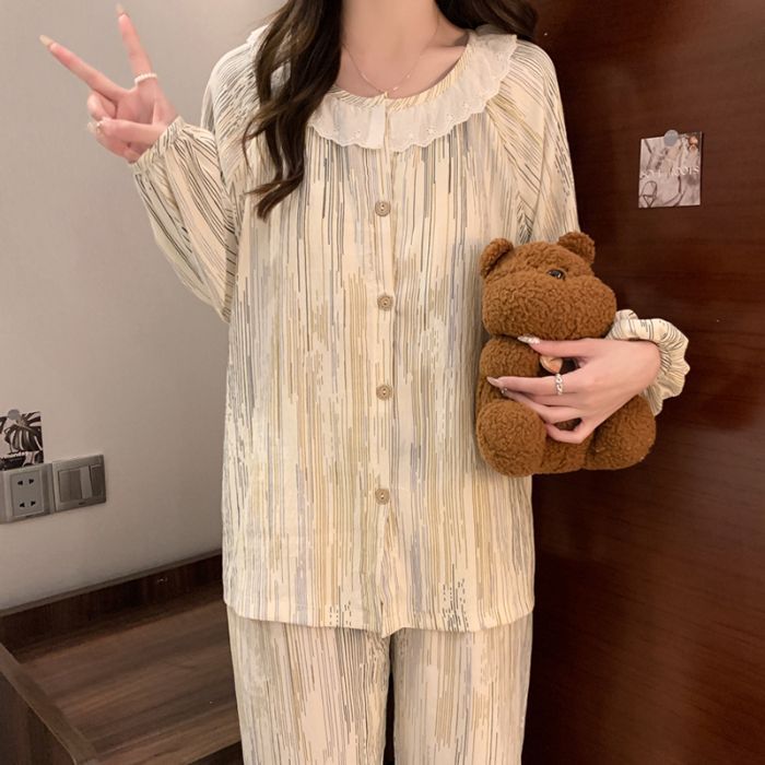 Al por mayor transfronterizo primavera y otoño nuevo algodón nubes ropa de hogar pijamas cardigans encaje conjunto casual con cojín de pecho