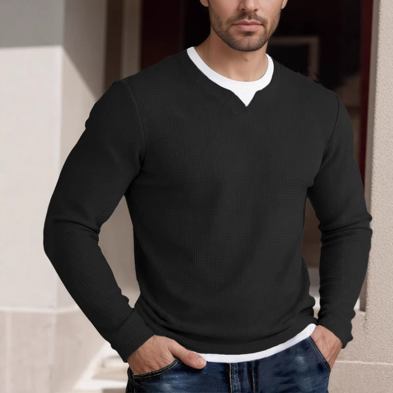 Spring and Autumn Men's Long-Sleeve Waffle Plaid Sports Base Shirt, Men's Pullover Faux Two-Piece Double-Layer Collar Top Spring and Autumn Men's Long-Sleeve Waffle Plaid Sports Base Shirt, Men's Pullover Faux Two-Piece Double-Layer Collar Top