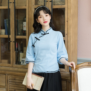 Blue chinees dress  blouses qipao shirts and skirt for lady blue wind restoring ancient tang suit retro cheongsam cotton and linen take two-piece outfit improved cheongsam tea