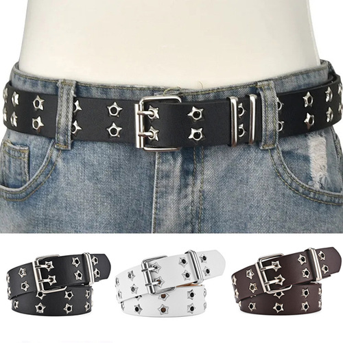 European and American Hollow Punk Casual Women's Belts with Fashion Star Eye Decorations, Double-Row Waist Belts for Women, Jeans Belts for Men
