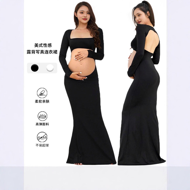 European and American Cross-Border Maternity Photo Shoot Clothing Elastic Maternity Dress Fishtail Skirt Cut-Out Back Exposed Belly Floor-Length Skirt