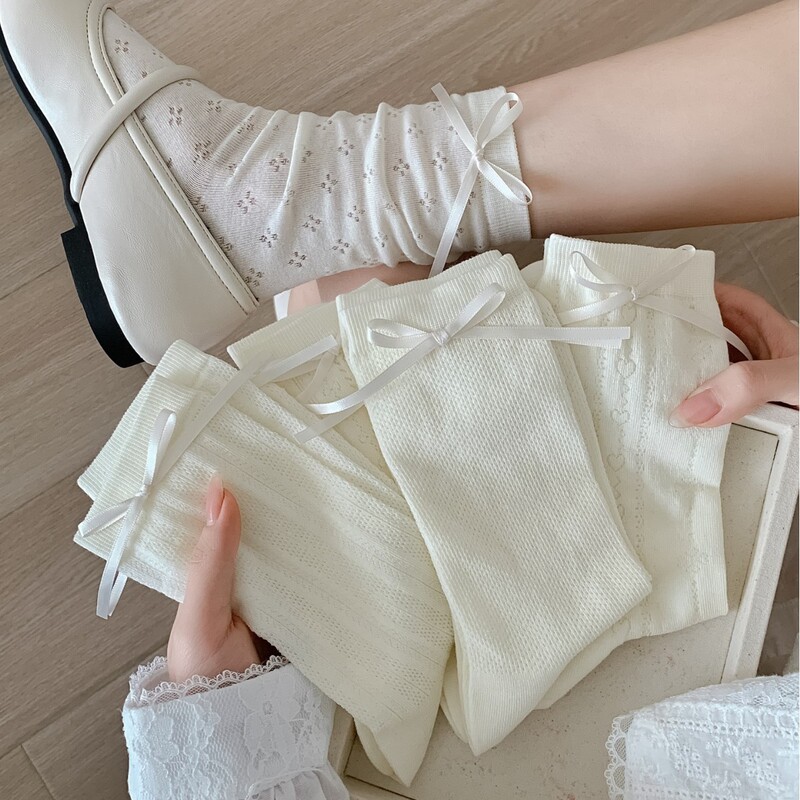 White Socks Women's Spring and Summer Thin Hollow Mesh Bow Stacks Pure Desire Uniform Wind Mid-length Socks Cotton Socks