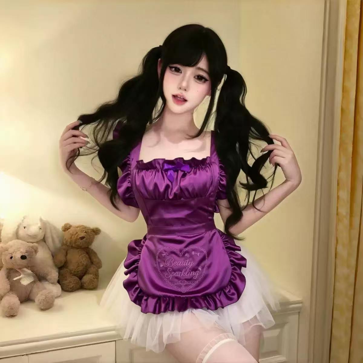 Maid Cosplay Costume Set with White Apron, Satin Skirt and Butterfly Socks — detail image 4