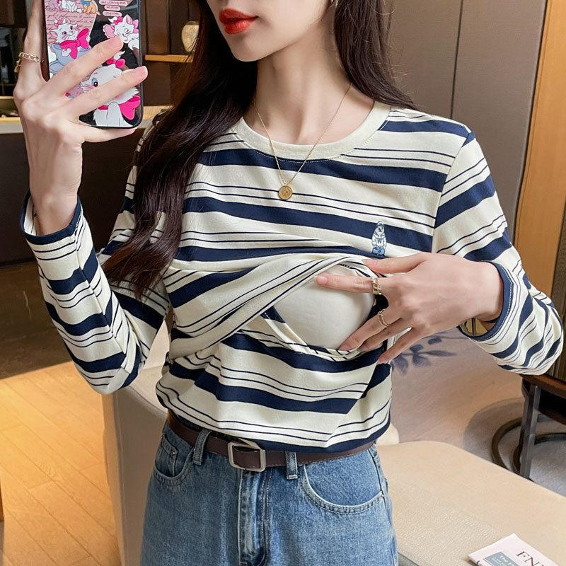 実写スポット授乳服秋冬新作授乳純綿長袖ストライプtシャツ産後底授乳上着|undefined