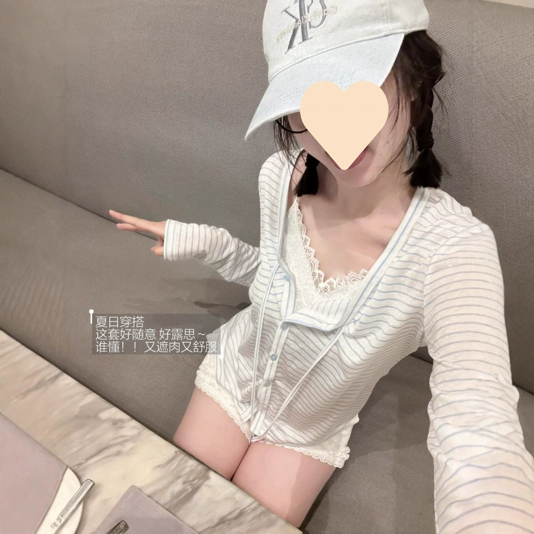 Корейский стиль, полосатый солнцезащитный кардиган с v-образным вырезом для женщин, летний дизайн, свободный облегающий дизайн с ремешками, крутой топ-рубашка с кондиционером