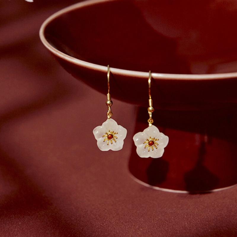 Hotan Jade Earrings Female Temperament Earrings Jade Flower New Chinese Style National Style Cheongsam Earrings Winter Plum