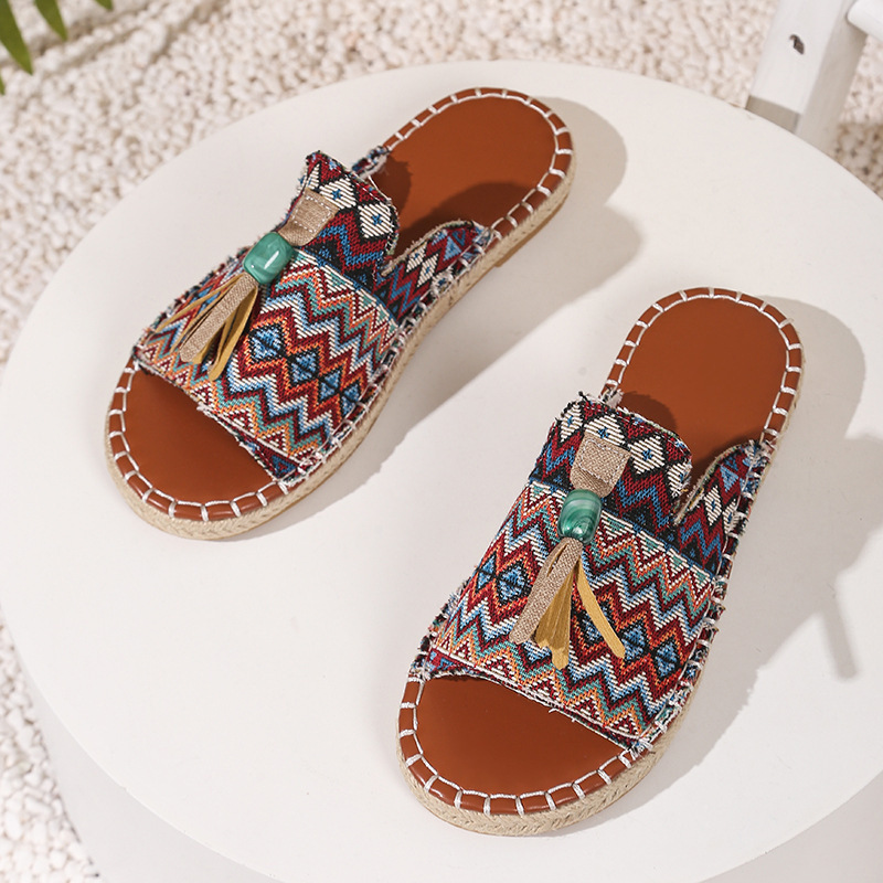 Bohemian Flat Slippers for Women, Outdoor Wear, 2026 Summer New European and American Style, Tassel Women's Slippers, Size 43, Beach Sandals, Cross-Border Large Size Bohemian Flat Slippers for Women, Outdoor Wear, 2026 Summer New European and American Style, Tassel Women's Slippers, Size 43, Beach Sandals, Cross-Border Large Size