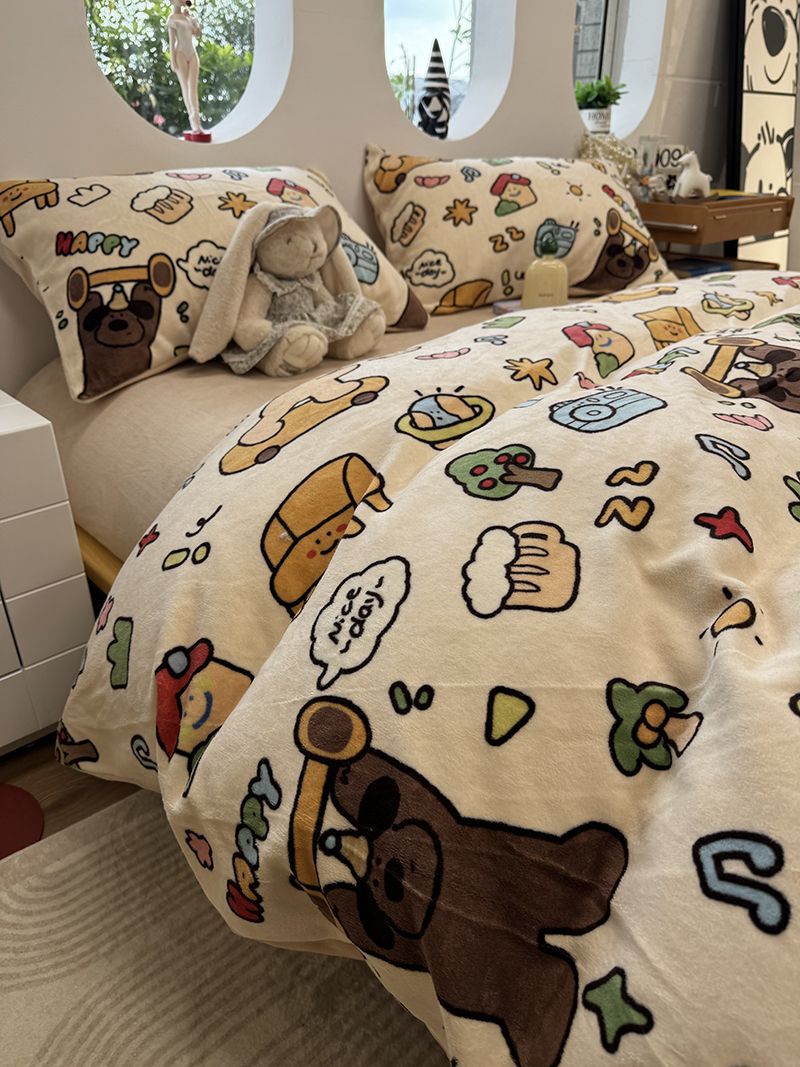 ins冬季加厚牛奶绒四件套法莱珊瑚绒被套床单三件套床上外贸