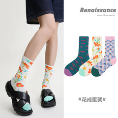 文藝復興原創女襪春季新款花朵中筒襪女ins田園風可愛襪子女無骨