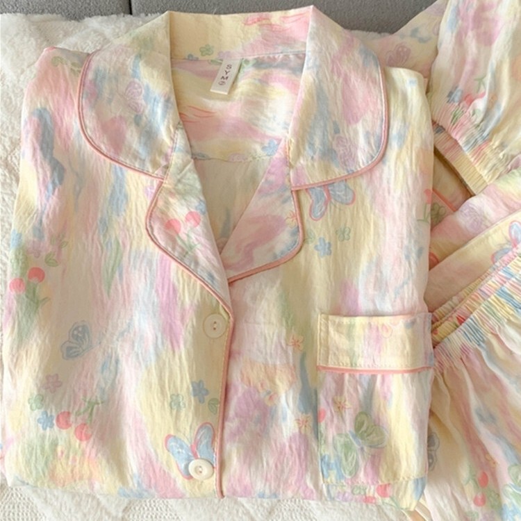 Dopamine Tulip Pajamas Women's Summer Cloud Comfortable Gauze Short Sleeve Sweet Girl Three-Piece Set Homewear Dopamine Tulip Pajamas Women's Summer Cloud Comfortable Gauze Short Sleeve Sweet Girl Three-Piece Set Homewear