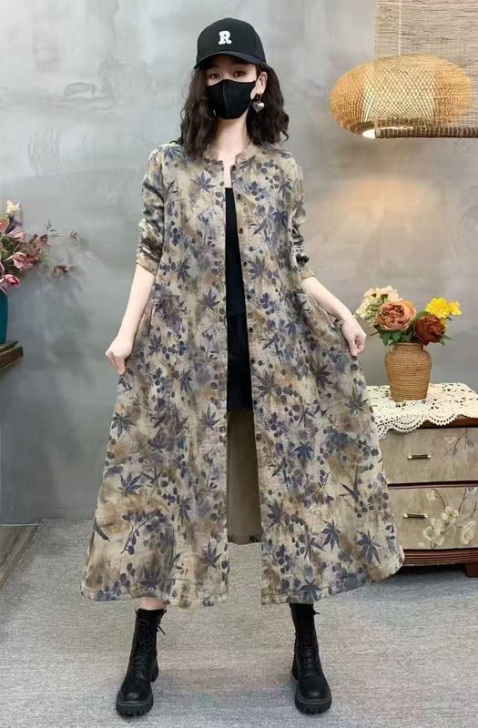 复古文艺棉麻印花风衣外套女秋季新款长款过膝气质宽松外搭开衫|undefined