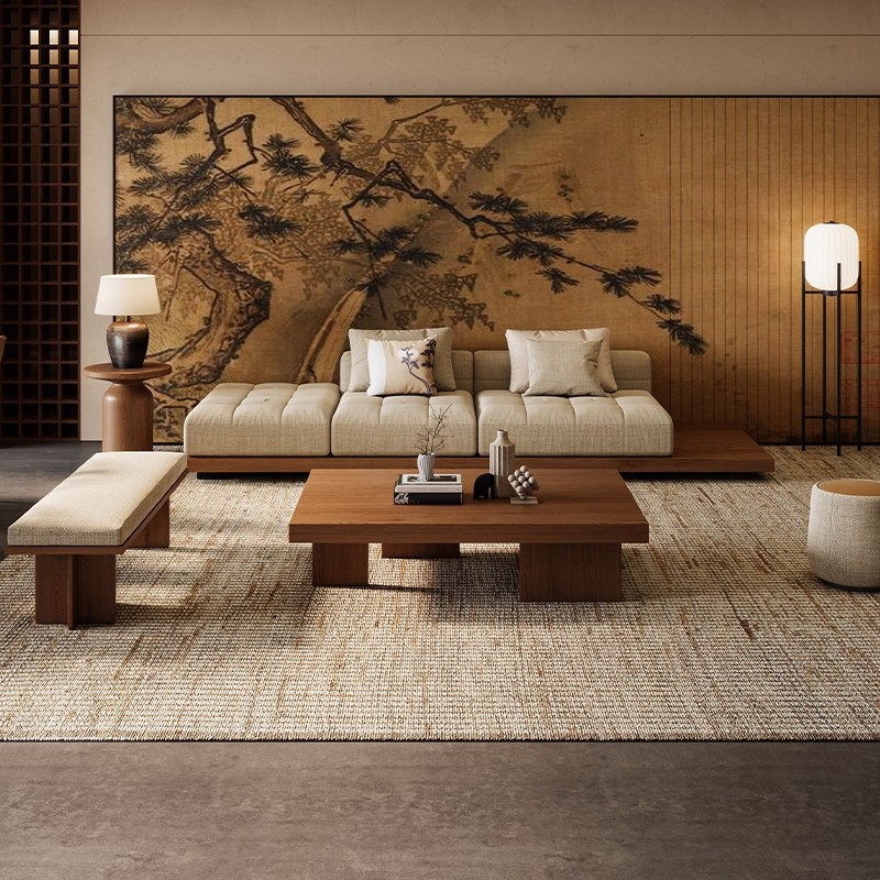 Modern Visual New Chinese Zen Style Pure Solid Wood Sofa Coffee Table Combination Fabric Double Straight Row Song Dynasty Aesthetic Living Room