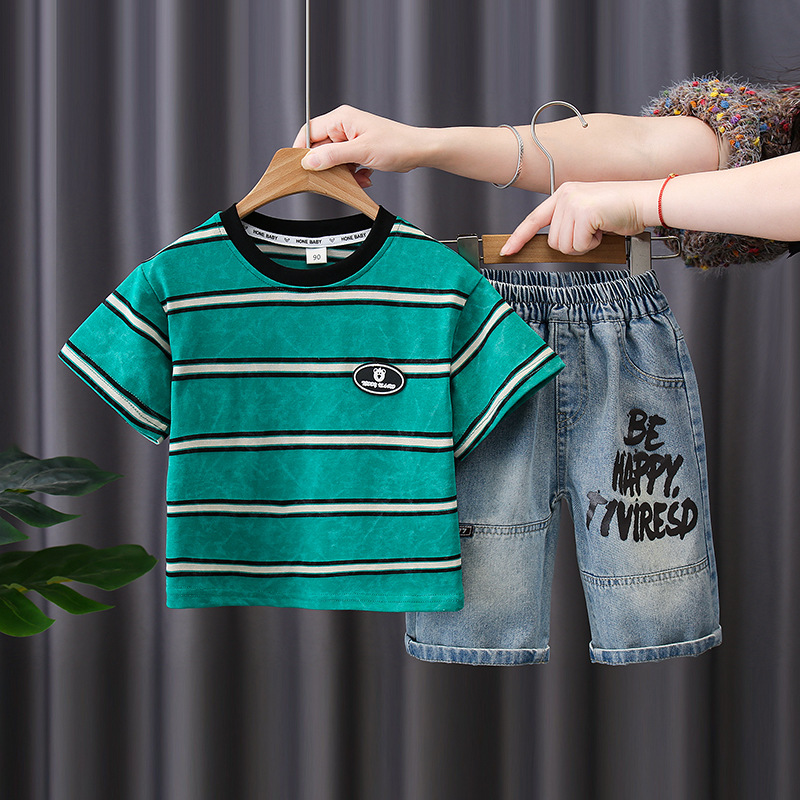 7170 Traje de manga corta para niños 2025 nuevos pantalones cortos de mezclilla de moda de verano para bebés de dos piezas para niños